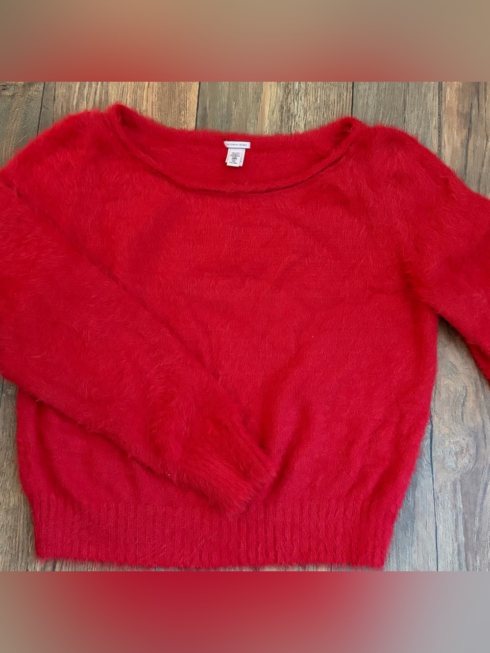 Victoria's Secret Red Fuzzy Knit Sweater Wide Boat Neck Long Sleeve